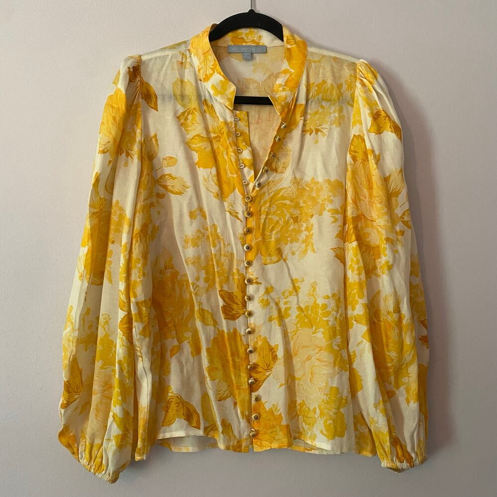 Antonio Melani Yellow White Floral Long Sleeve Blouse Romantic Feminine Small
